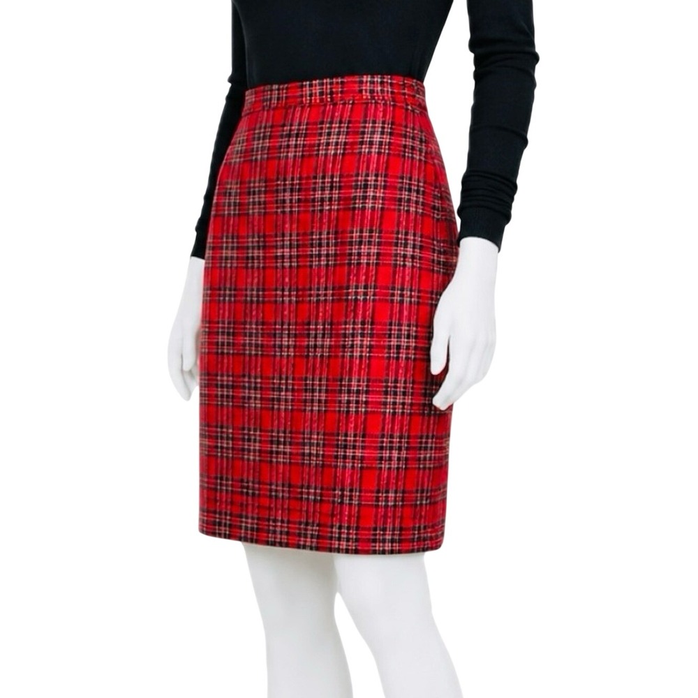 PENDLETON Vintage 80s Red Tartan Plaid 100% Virgin‎ Wool Pencil Skirt | Sz 16